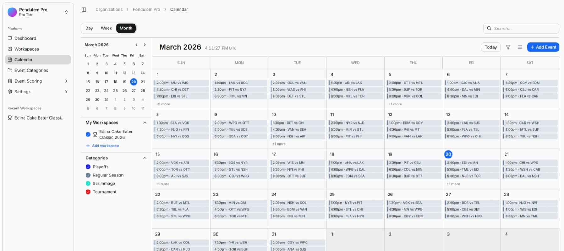 Organization calendar in GameSheet
