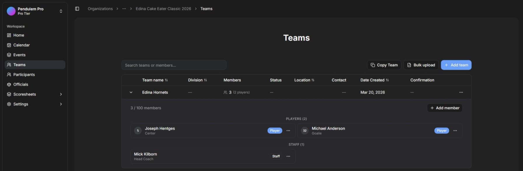 Workspace teams view in GameSheet