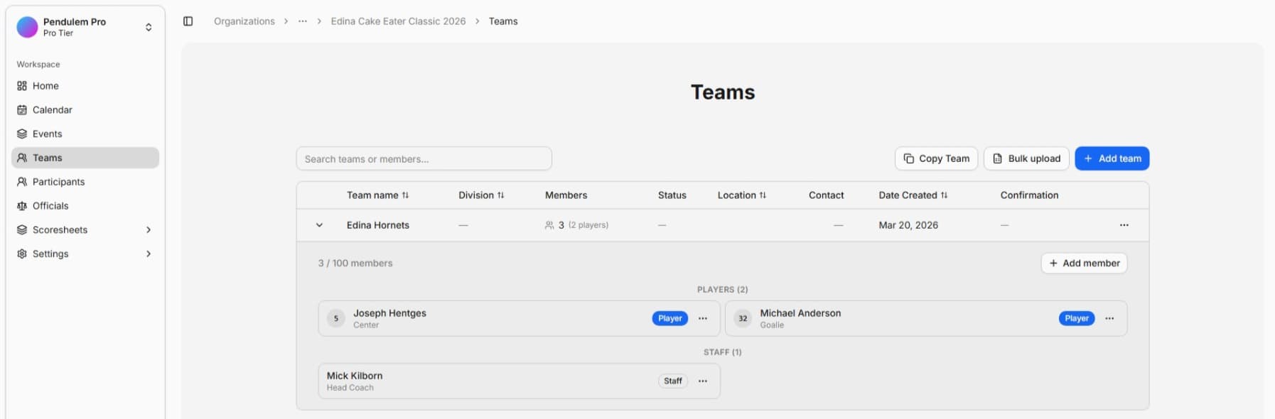 Workspace teams view in GameSheet